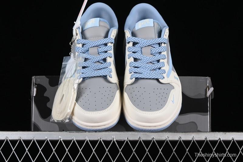 Nike Travis Scott x Fragment Design x Air Jordan 1 Low OG SP AJ1 LV Collaboration Deep Blue Low-Top Casual Sneakers - BB6588-104