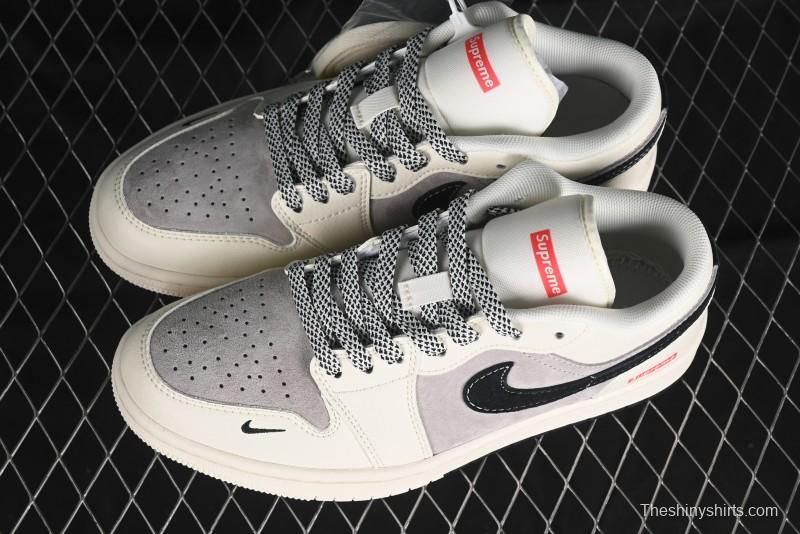 Nike Air Jordan 1 Low Supreme Collaboration - Dual-Tone Black Swoosh Custom Retro Basketball Shoes - SJ9950-043