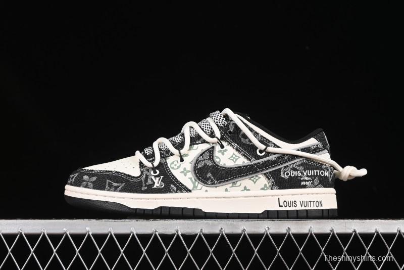 Nike SB Dunk Low LV Collaboration Strap Black Denim Print Anniversary High-End Custom Low-Top Casual Skate Shoes - YX5066-320