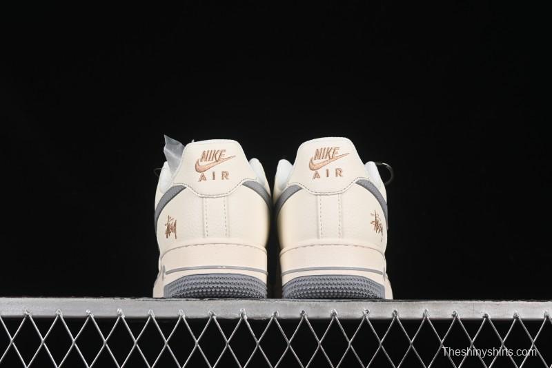 Nike Air Force 1 '07 Low Stussy Collaboration Gold Embroidery Grey Swoosh Casual Sneakers - XX3168-150