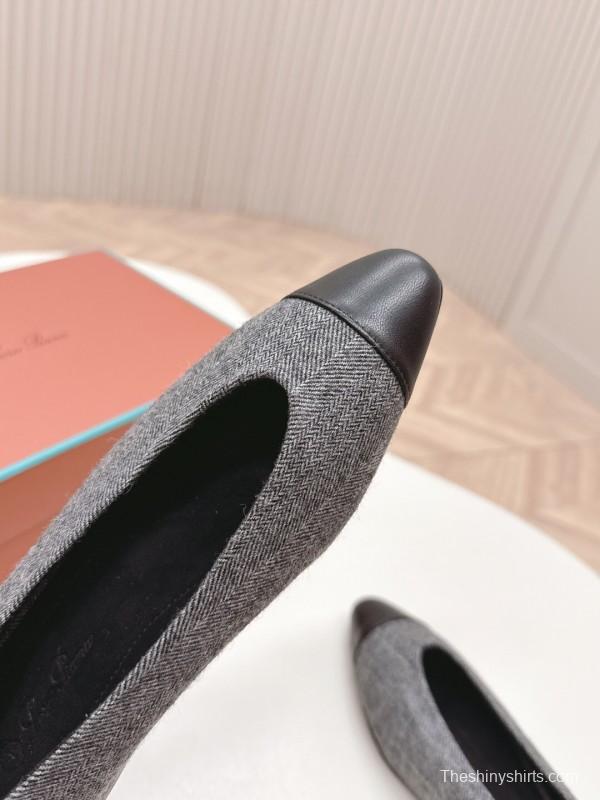 2025 Women LP Grey Black Fabric Leather Pointed Toe Loafers