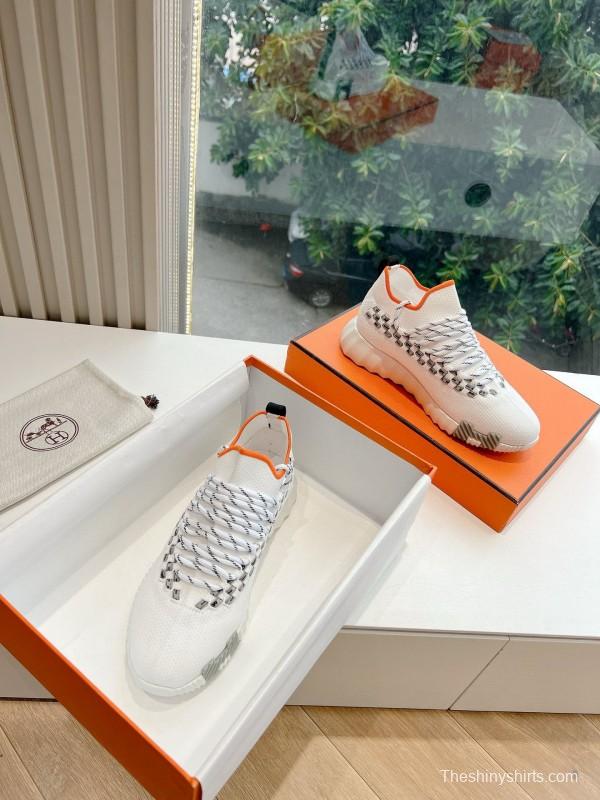 2024 Unisex Hermès White Black Orange Knit Sneakers