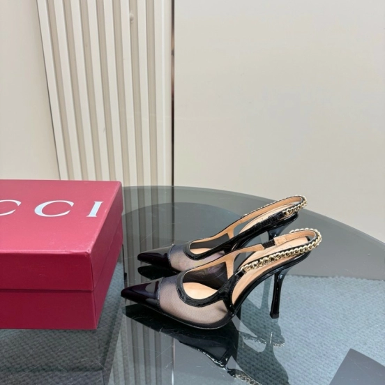 2025 Women Gucci Black Mesh Chain Strap High Heel Pumps KFY00300(F)