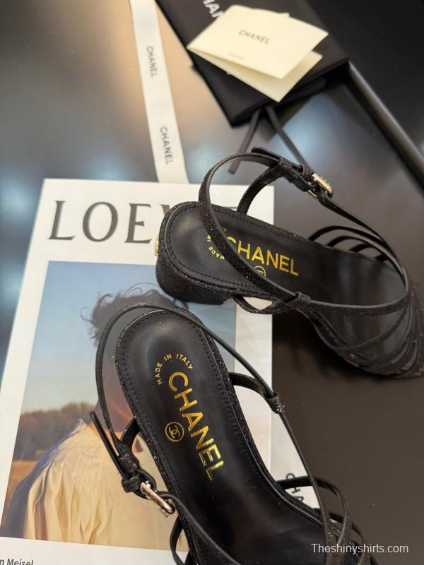 2025 Women Chanel Black Leather Sandals KFY00289