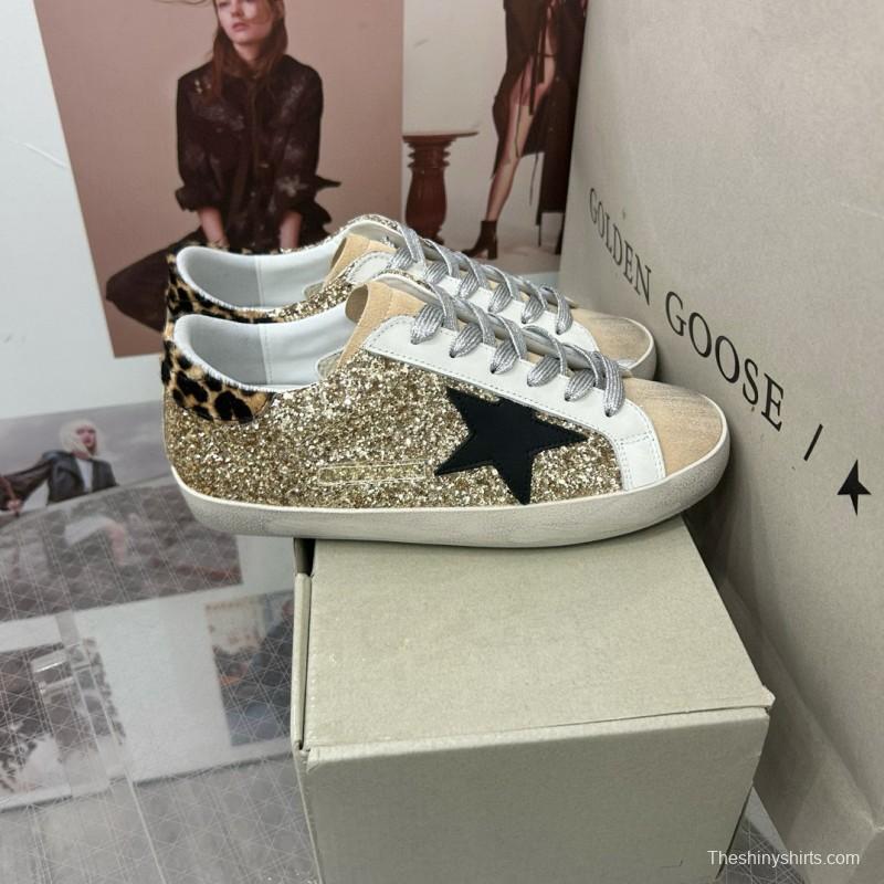 2025 Women GGDB Gold Glitter Black Leather Star Leopard Print Suede Sneakers