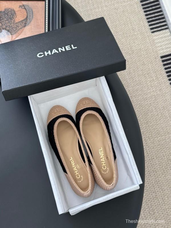 2025 Women Chanel Black Beige Knit Ballet Flats