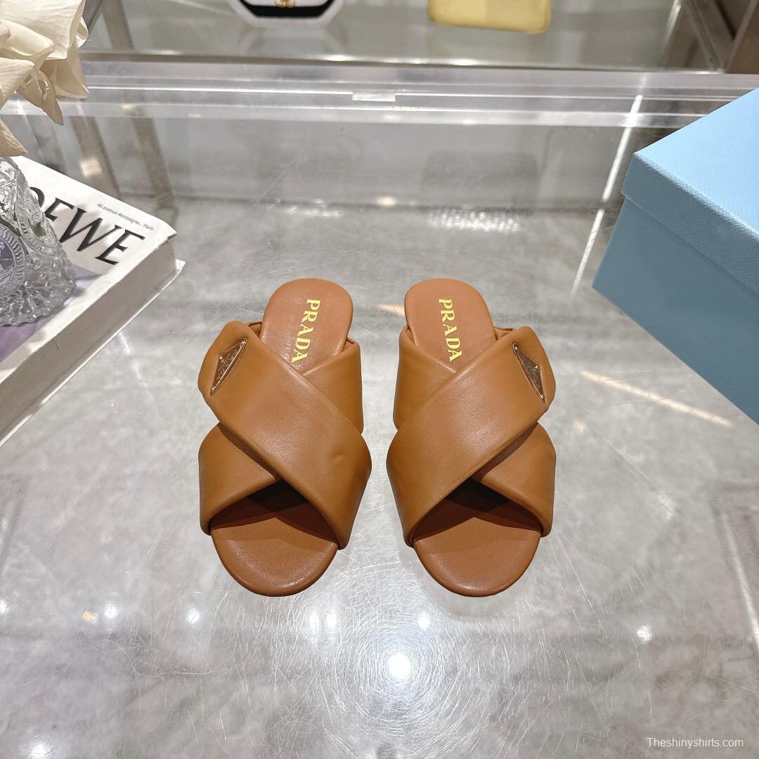2025 Women Prada Brown Leather Slippers