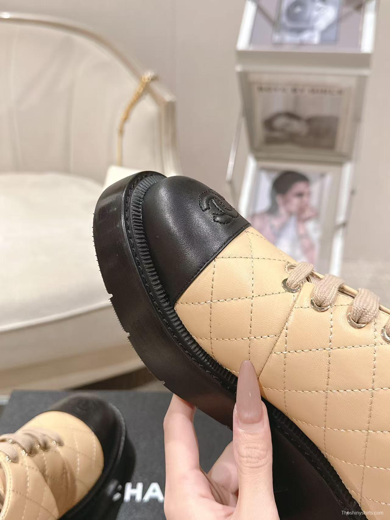 2025 Women Chanel Beige Black Leather Platform Oxford B2099