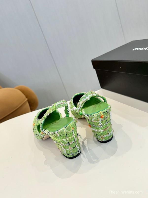 2025 Women Chanel Green Black Fabric Leather Slingback Shoes