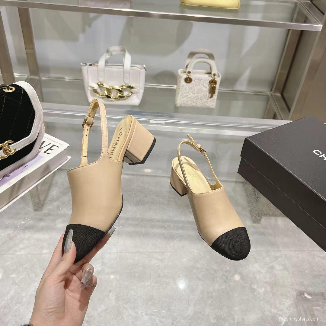 2025 Women Chanel Beige Black Leather Slingback Block Heel LY00300
