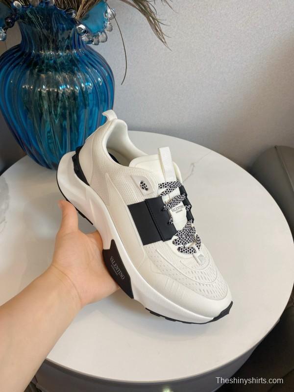 2024 Unisex Valentino White Black Leather Mesh Sneakers 