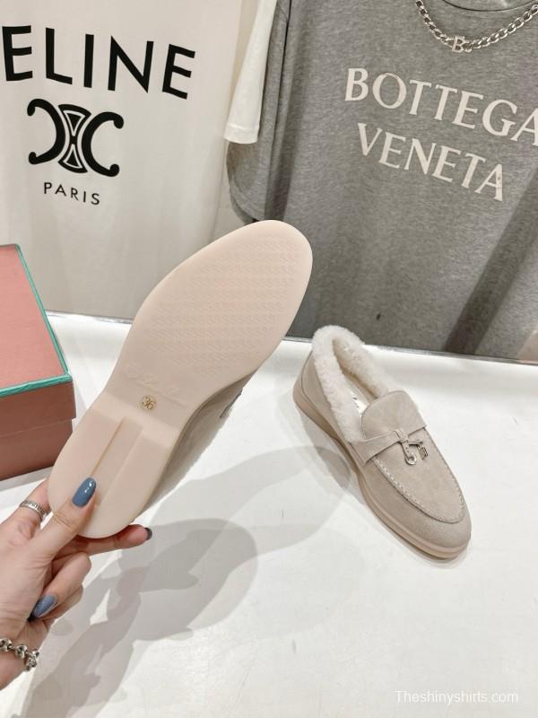 2024 Women LP Beige Suede Loafers Furry Lining MJ00300