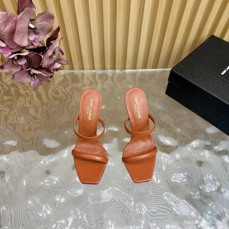 2025 Women Yves Saint Laurent Brown Leather High Heel Sandals Metal Logo MJ00310