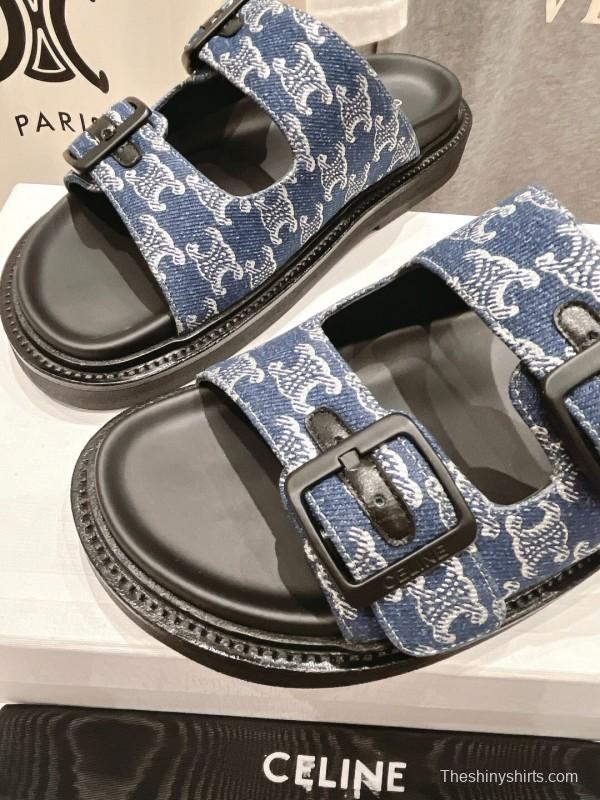 2025/Unisex CELINE Blue Denim Buckled Slide Sandals Stylish Comfort KFY00280