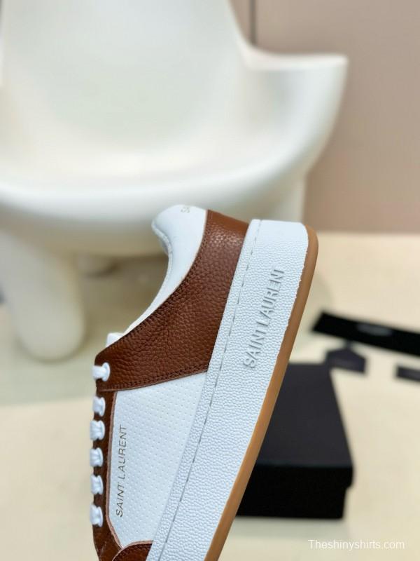 2024 Unisex Yves Saint Laurent White Brown Leather Canvas Sneakers MJ00350