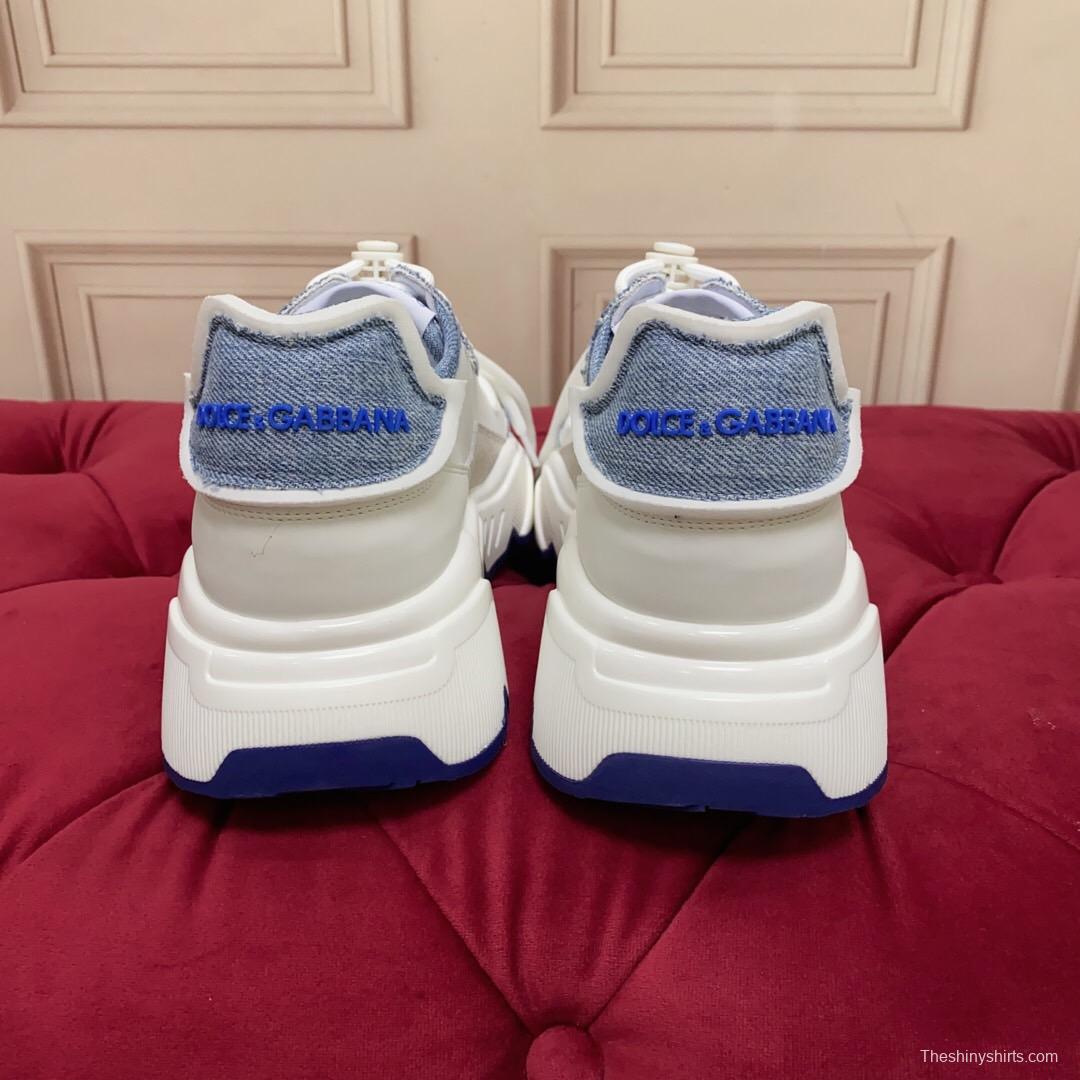 2025 Unisex Dolce & Gabbana White Blue Silk Leather Sneakers Exclusive Craft LY00330(F)/LY00340(M)