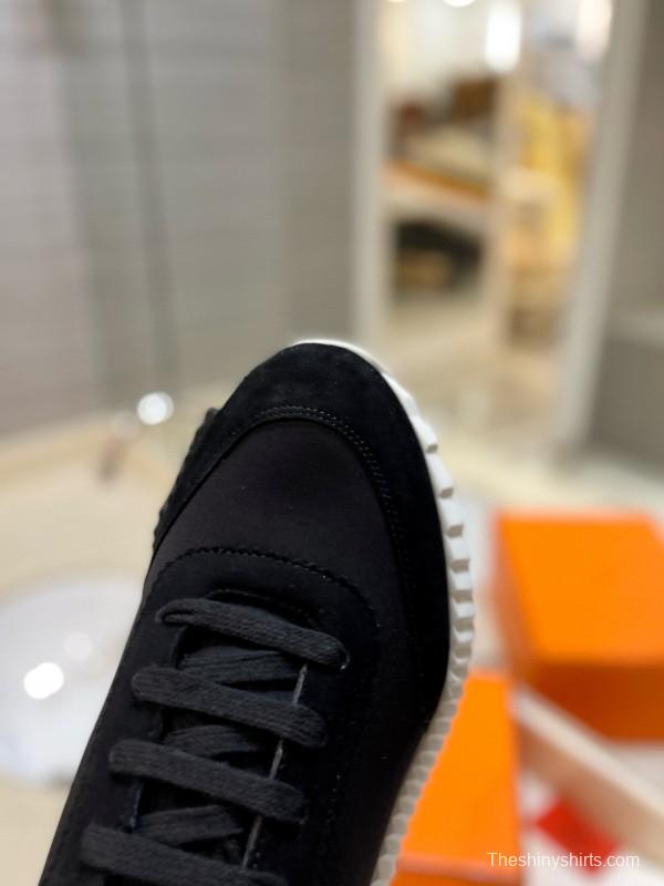 2024 Unisex Hermès Black Orange Glossy Calfskin Nylon Sneakers MJ00320