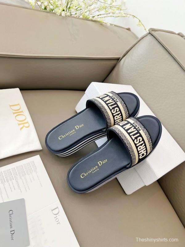 2025 Women Dior Navy White Canvas Platform Slippers LY