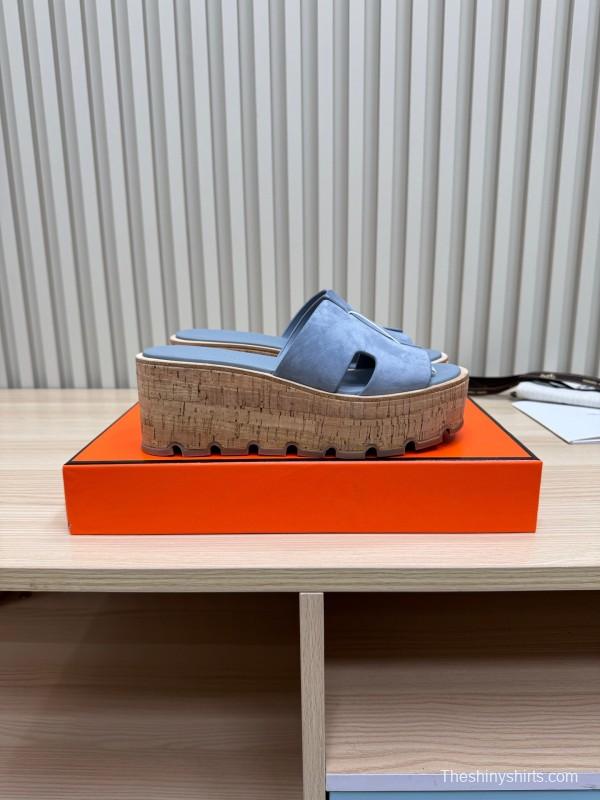 2025 Women Hermès Blue Suede Slippers