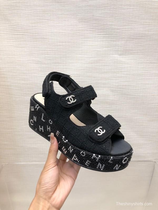 2025 Women Chanel Black Fabric Platform Sandals LY00330