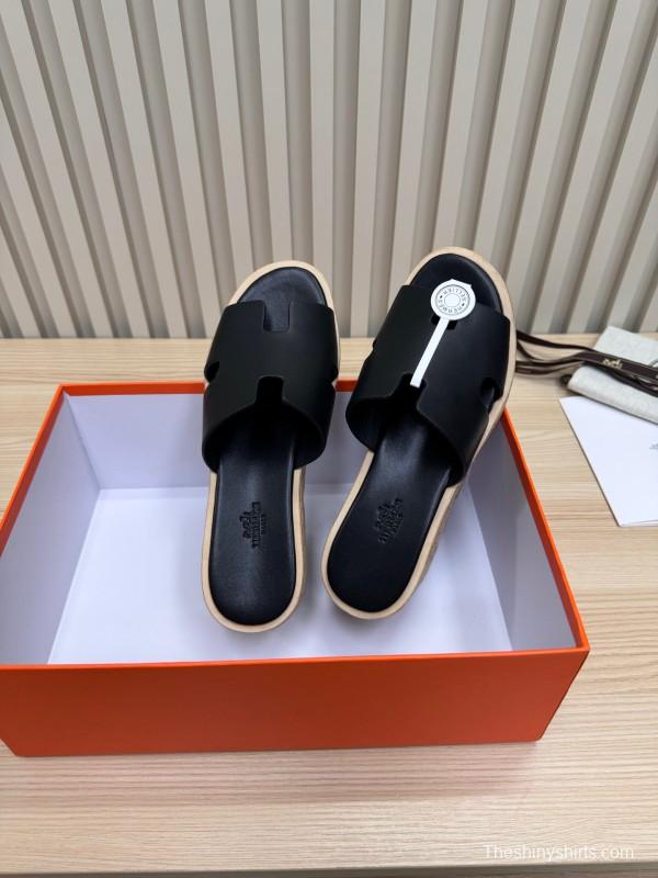 2025 Women Hermès Black Leather Wedge Sandals KFY00280