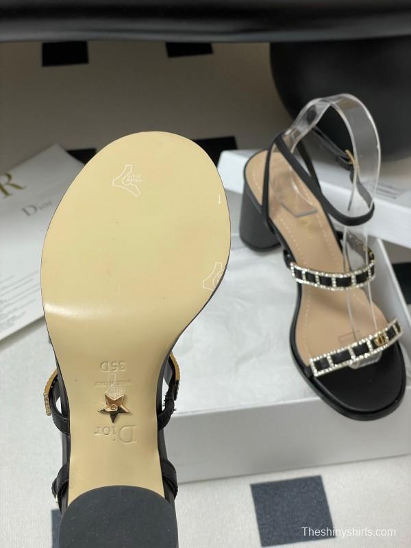2025 Women Dior Black Leather Crystal Embellished High Heel Sandals