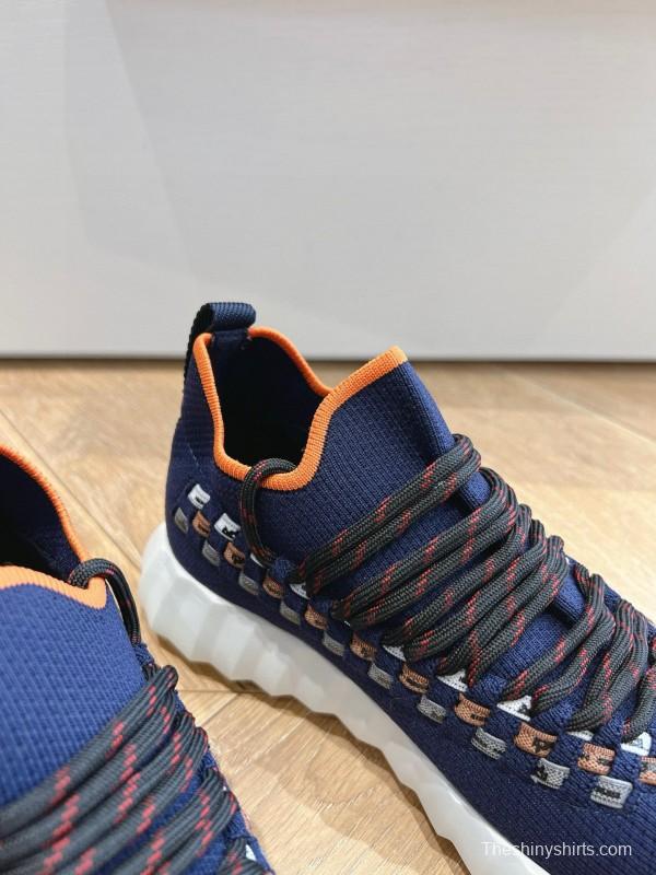 2024 Unisex Hermès Navy Orange Knit Leather Sneakers