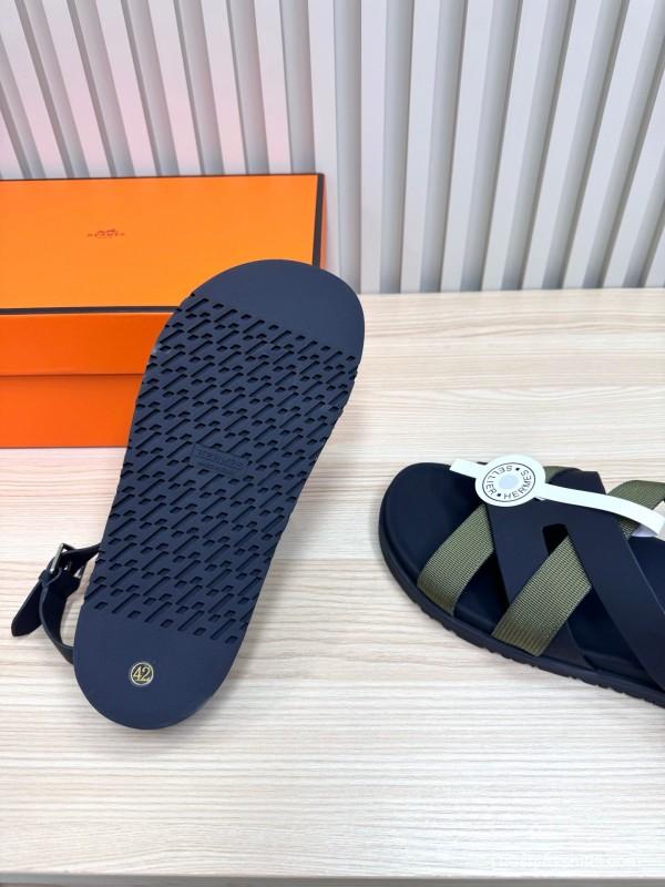 2025 Women Hermès Black Green Leather Nylon Sandals LY00270