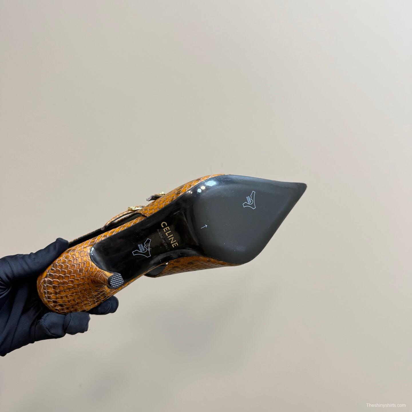 2025 Women CELINE Brown Snake Leather Slingback Pumps