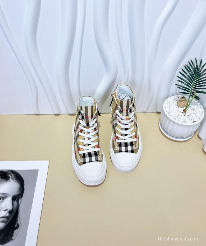 2024 Kids Burberry Beige Black White Canvas Leather High-top Sneakers
