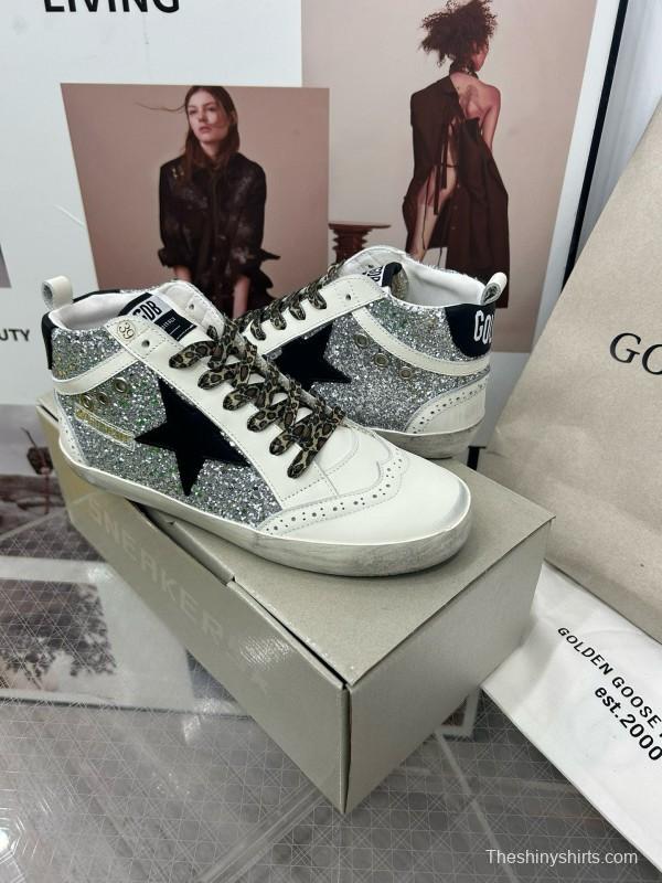 2024 Women GGDB Silver White Leather High Top Sneakers MJ00300