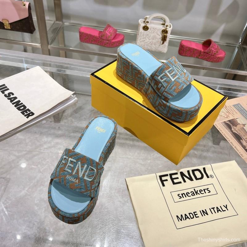 2025 Slippers Fendi Blue Brown Canvas FF Jacquard Platform FJ00321