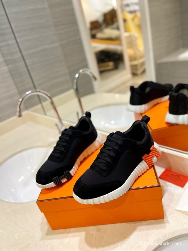 2024 Unisex Hermès Black Orange Glossy Calfskin Nylon Sneakers MJ00320