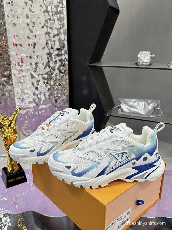 2025 Men Louis Vuitton Blue White Mesh Leather Sneakers MJ00420