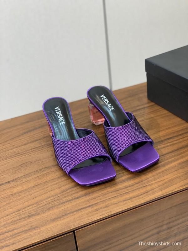 2025 Slippers VERSACE Purple Silk Rhinestone