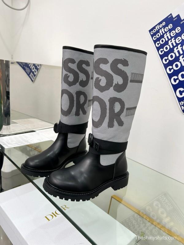 2024 Women Dior Black Grey Leather Fabric Knee High Boots