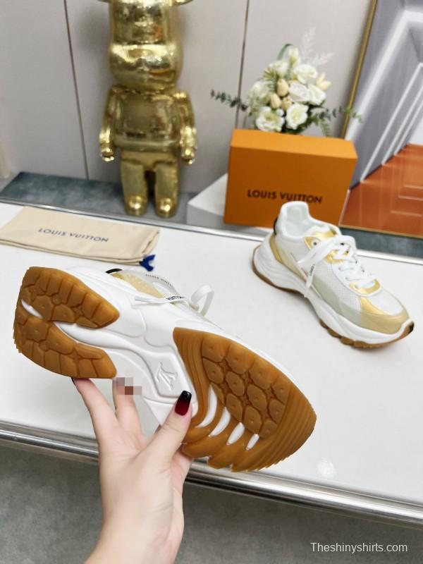 2025 Women Louis Vuitton White Gold Mesh Leather Sneakers LY00340
