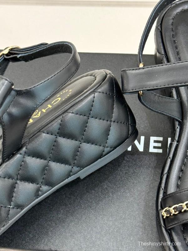 2025 Women Chanel Black Lambskin Platform Sandals Chain KFY00270