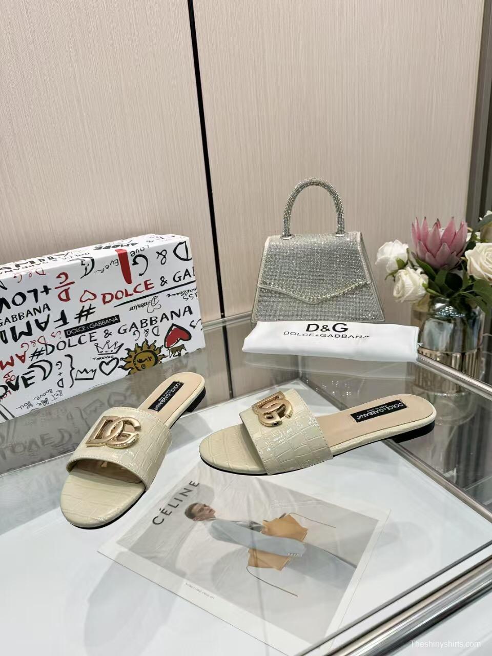 2025 Women Dolce & Gabbana Beige Leather Slippers