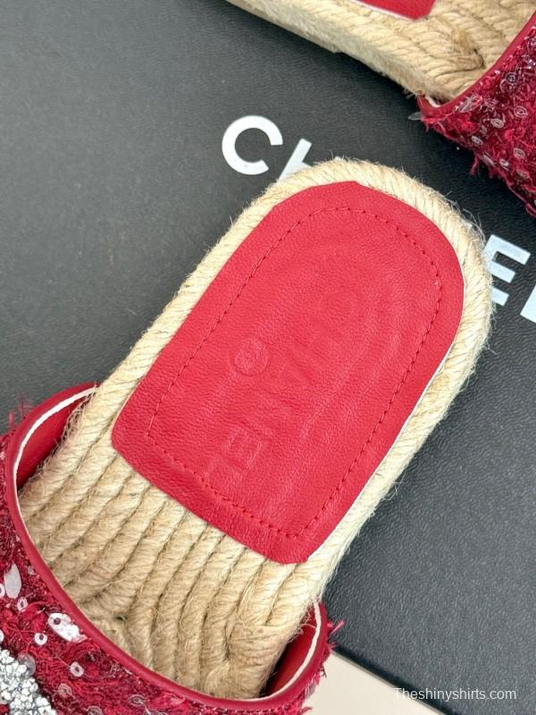 2025 Women Chanel Red Sequin Espadrille Slides Classic Craftsmanship KFY00240(F)