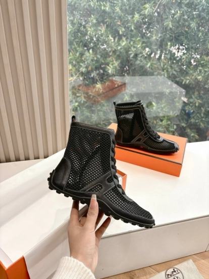2025 Women Hermès Black Mesh Leather Boots