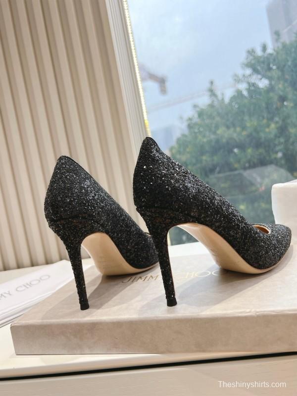 2025 Women Jimmy Choo Black Glitter Leather High Heel Pumps KFY00280