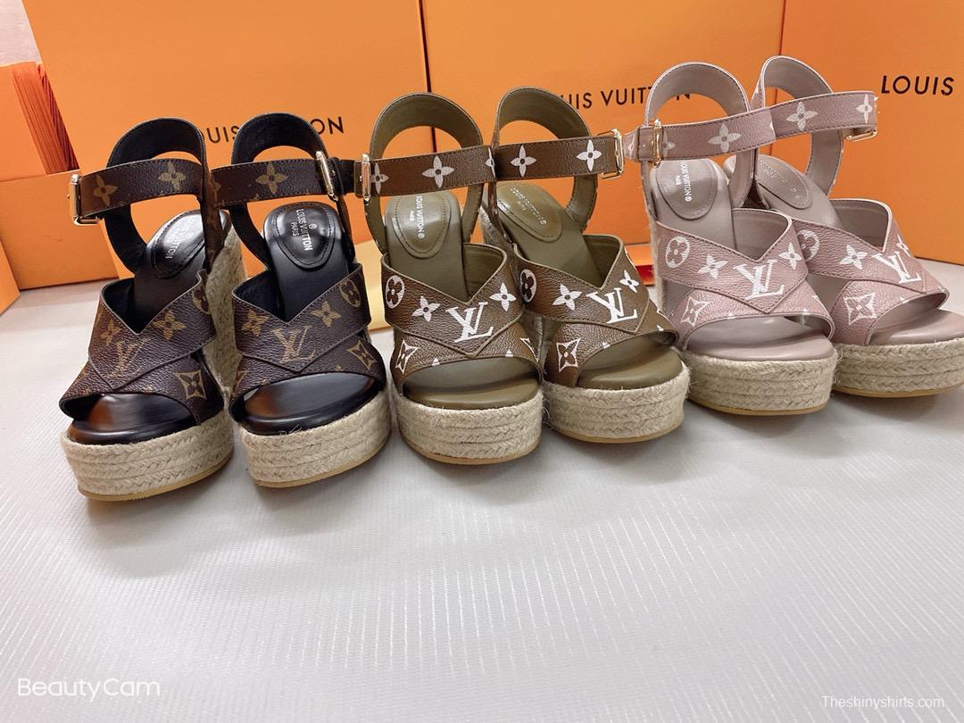 2025 Women Louis Vuitton Brown Leather Denim Espadrilles Wedge Sandals MJ00280