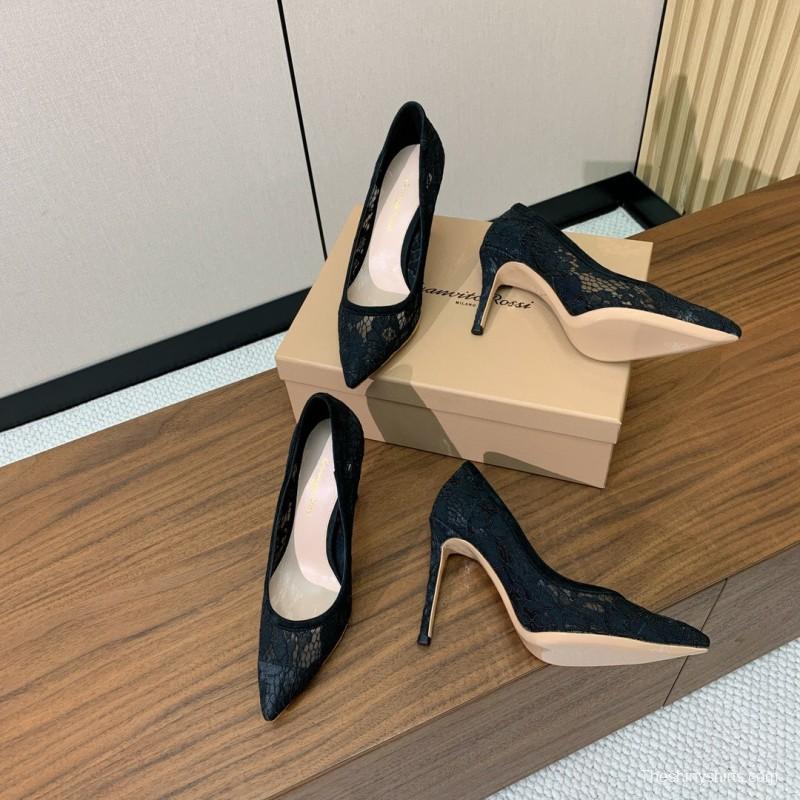 2025 Women Gianvito Rossi Black Lace Leather Pumps KFY00280