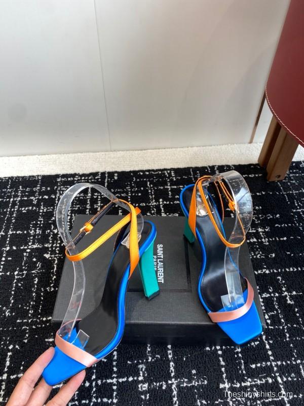 2025 Women Yves Saint Laurent Blue Orange Pink Leather Suede High Heel Sandals