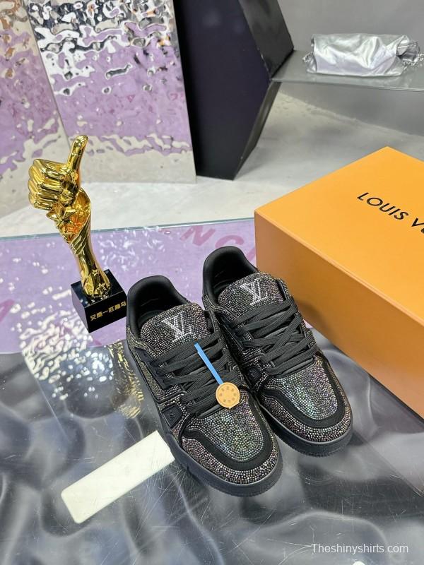2025 Unisex Louis Vuitton Black Handmade Rhinestone Leather Fabric Plimsolls LV Trainer AS00400