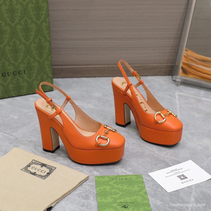 2025 Women Gucci Orange Leather Platform High Heels KFY00320