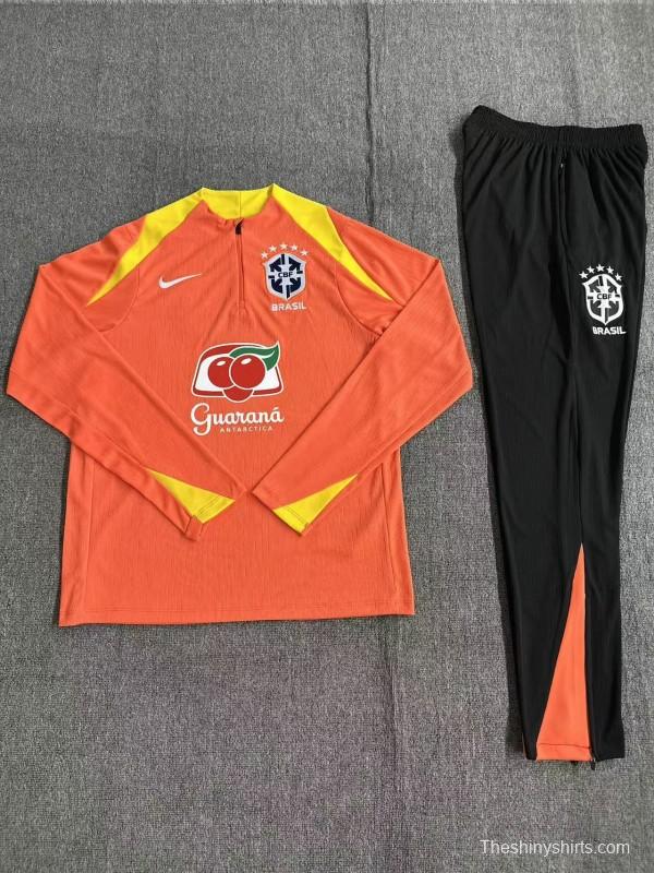 Player Version 25/26 Kids Brazil Orange Half Zipper Jacket+Long Pants