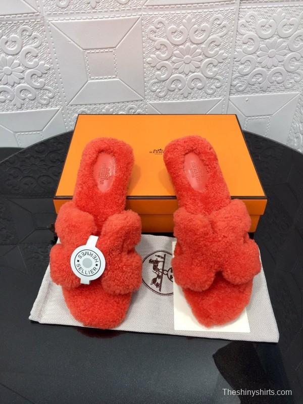 H Teddy Wool H Slippers Flat Sole Fur Slides - LY00240